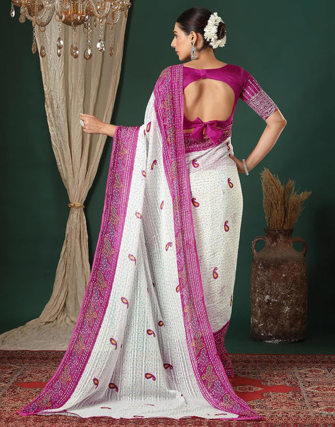 Vasthrlay Georgette Bandhani Unstitched White Saree