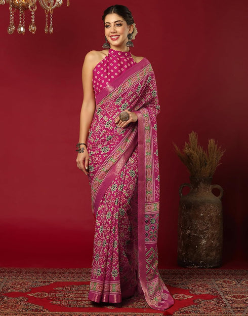Vasthrlay Georgette Bandhani Unstitched Dark Green Saree