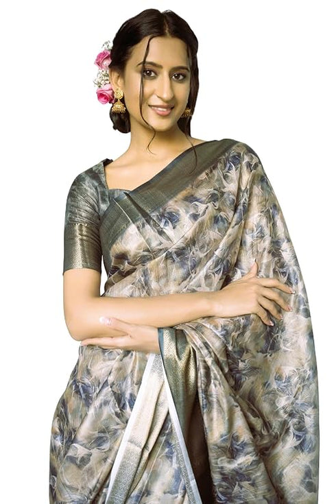 Vasthrlay Smoky Blue Abstract Floral Polyester Saree With Zari Border And Ruched Unstitched Blouse Piece