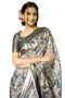 Vasthrlay Smoky Blue Abstract Floral Polyester Saree With Zari Border And Ruched Unstitched Blouse Piece