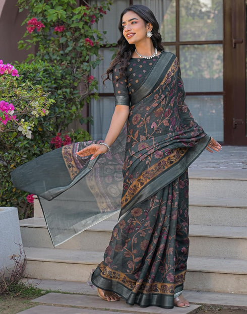 Vasthrlay Womens Printed Unstitched Dark Green Saree
