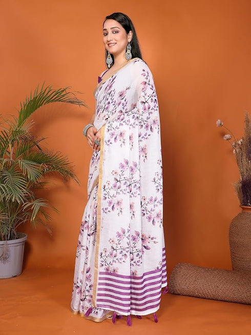 Vasthrlay Purple Kathakali Print Linen Saree With Gold Zari Border And Unstitched Blouse Piece
