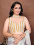 Vasthrlay Off White Leaf Print Organza Saree With Mustard Piping And Ruched Sleeveless Unstitched Blouse Piece