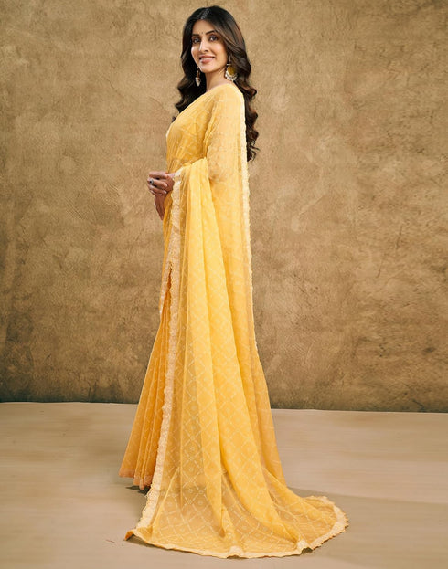 Vasthrlay Chiffon Bandhani Unstitched Yellow Saree