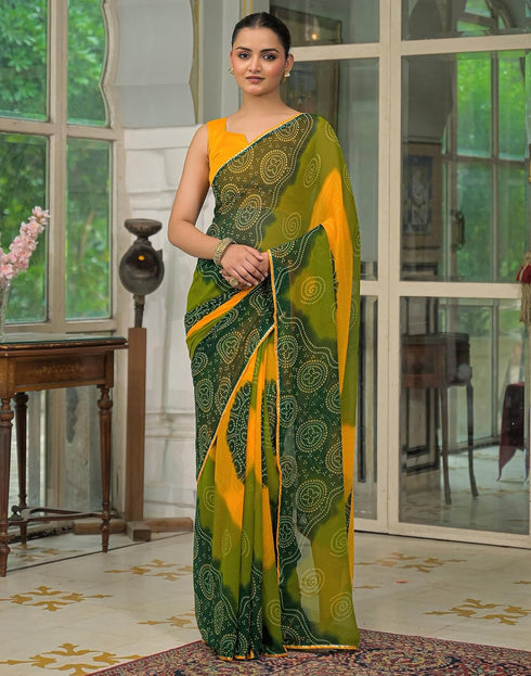 Vasthrlay Georgette Bandhani Green Saree With Yellow Unstitched Blouse Piece