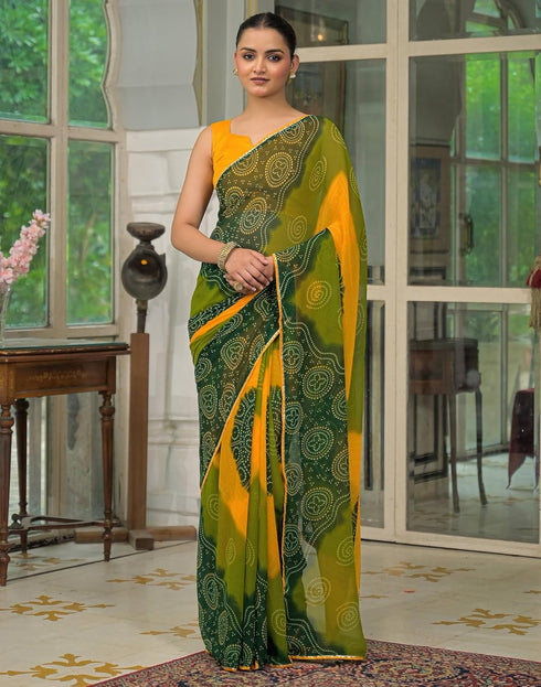 Vasthrlay Georgette Bandhani Unstitched Green Saree