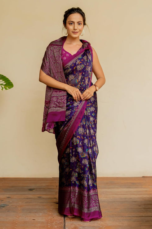 Vasthrlay Fashion Chiffon Printed Navy Ethnic Wear