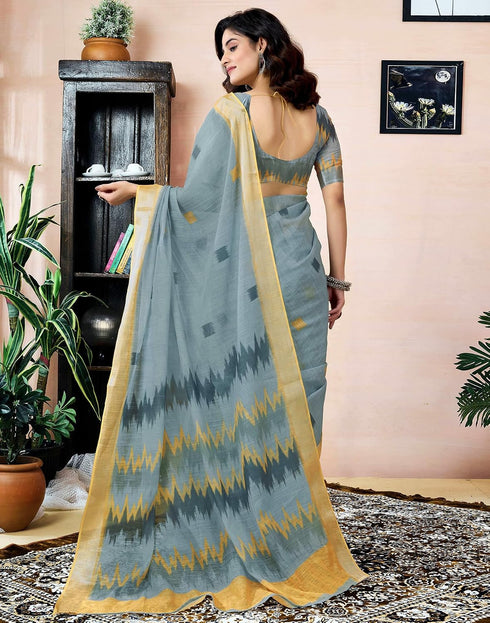 Vasthrlay Womens Printed Grey Saree With Unstitched Blouse Piece