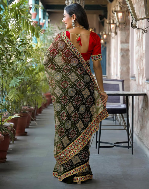 Vasthrlay Bandhani Embroidery Dark Green | Multi Saree With Unstitched Blouse Piece