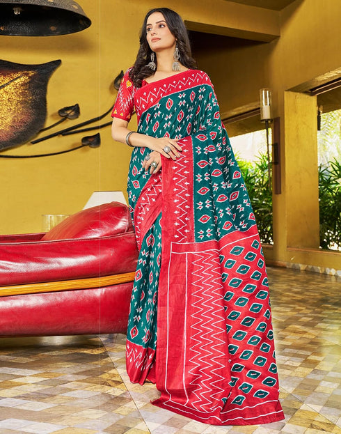 Vasthrlay Chanderi Bandhani Rama And Red Saree With Unstitched Blouse Piece