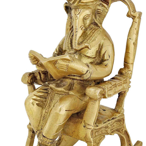 AONA Brass Statue Hindu Art Ganesha Seated on a Rocking Chair Reading a Book, 7 Inches