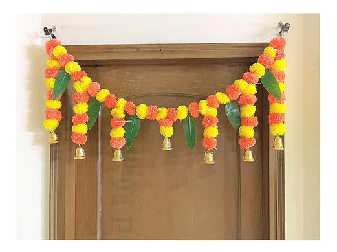 Artificial Fluffy Marigold and Mango Leaves with Bells Door Toran