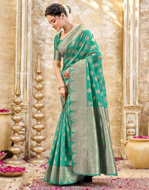 Vasthrlay Womens Weaving Mint Green | Gold Saree With Unstitched Blouse Piece