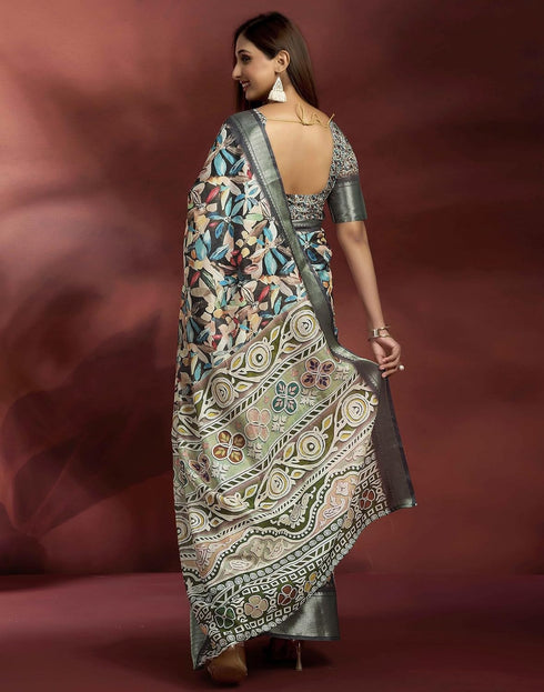 Vasthrlay Womens Printed Dark Grey Saree With Unstitched Blouse Piece