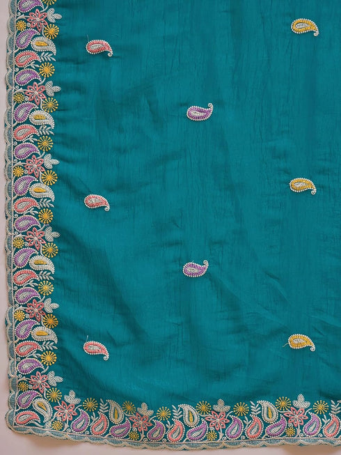 Vasthrlay Chinnon Embroidery Lime Saree
