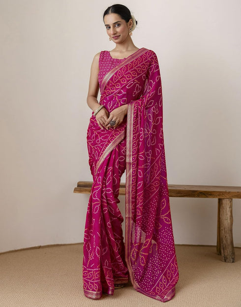 Vasthrlay Georgette Bandhani Pink Saree With Unstitched Blouse Piece