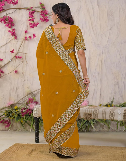 Vasthrlay Embroidery Scalloped Mustard Saree With Unstitched Blouse Piece