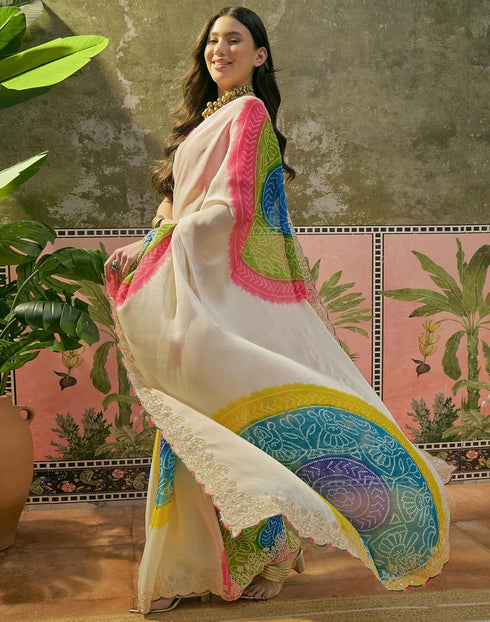 Vasthrlay Scalloped Embroidery Unstitched Lime Green Saree