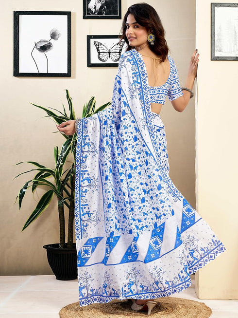 Vasthrlay Womens Printed Unstitched White Saree