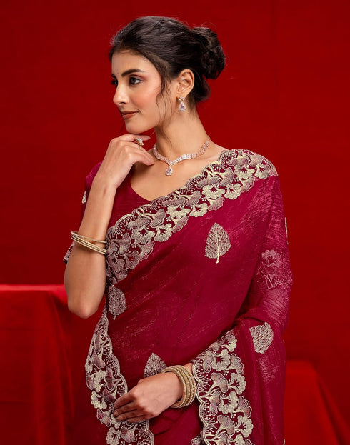 Vasthrlay Embroidery Scalloped Unstitched Maroon Saree