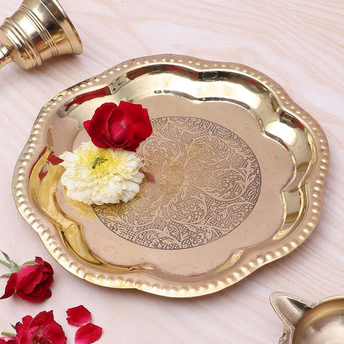 8 Inches Ethnic Carved Brass Puja Thali