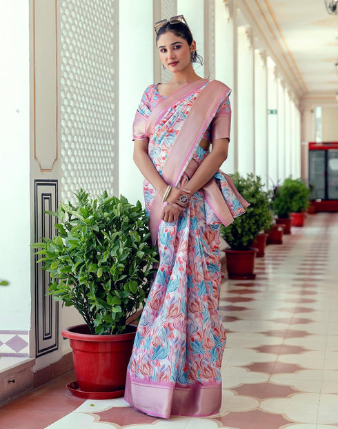 Vasthrlay Womens Printed Unstitched Beige Saree