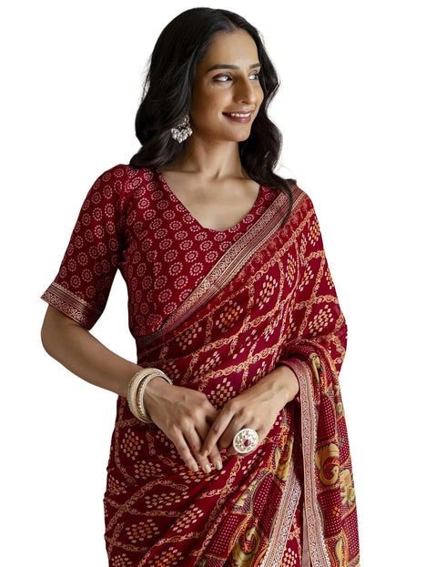 Vasthrlay Georgette Bandhani Unstitched Maroon Saree