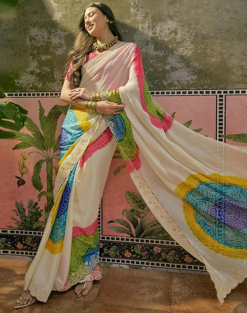 Vasthrlay Scalloped Embroidery Unstitched Lime Green Saree