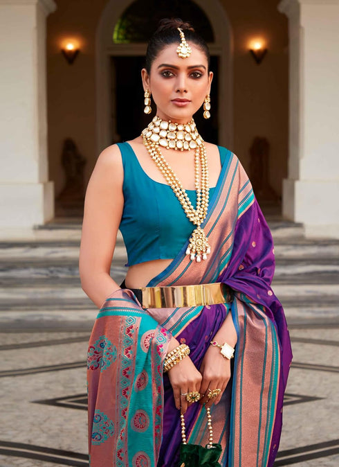 Vasthrlay Women's Paithani Unstitched Blouse Saree