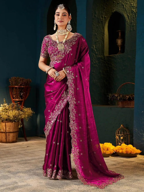 Vasthrlay Scalloped Embroidery Unstitched Rani Pink Saree