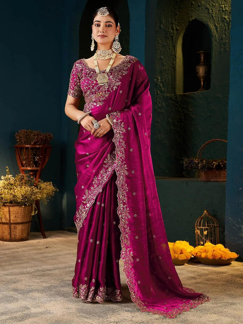 Vasthrlay Scalloped Embroidery Rani Pink Saree With Unstitched Blouse Piece