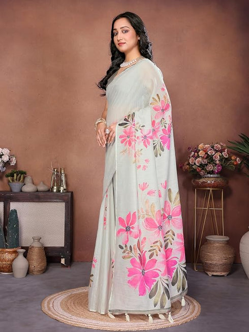 Vasthrlay Off White Floral Printed Design Linen Saree With Solid Unstitched Linen Blouse Piece