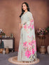 Vasthrlay Off White Floral Printed Design Linen Saree With Solid Unstitched Linen Blouse Piece