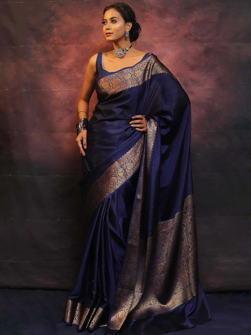 Vsathrlay Saree Kanjivaram Silk Pari Navy