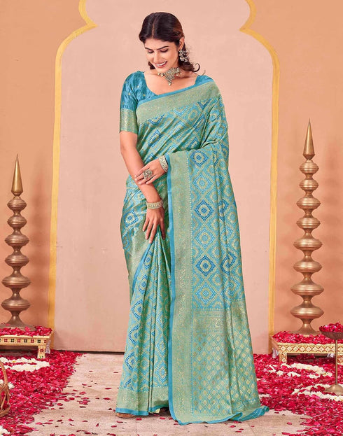 Vasthrlay Kanjivaram Jacquard Sky Blue Saree With Unstitched Blouse Piece