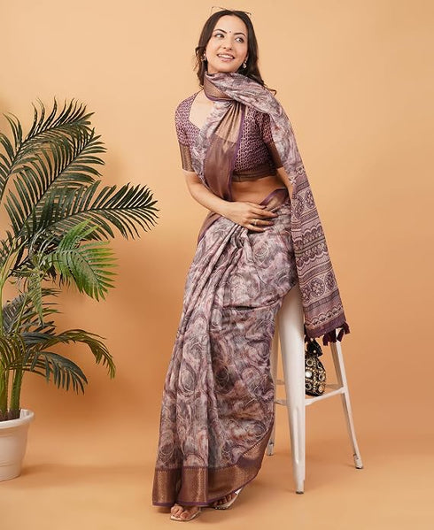 Vasthrlay Mauve Patchwork Print Polyester Saree With Zari Border And Unstitched Blouse Piece