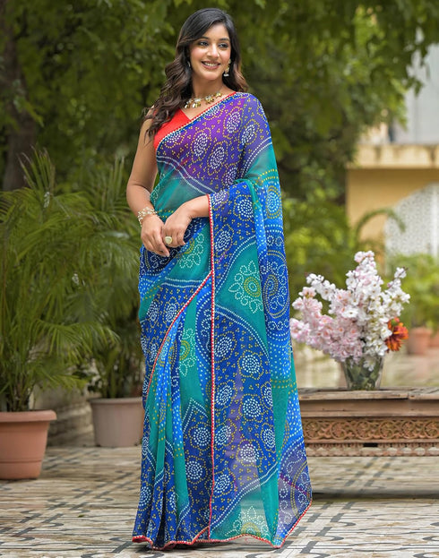 Vasthrlay Georgette Bandhani Unstitched Yellow Saree