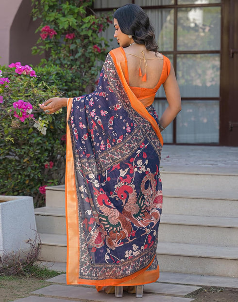 Vasthrlay Womens Printed Unstitched Dark Green Saree