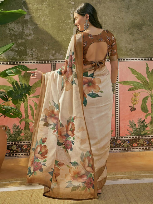 Vasthrlay Womens Printed Unstitched White Saree