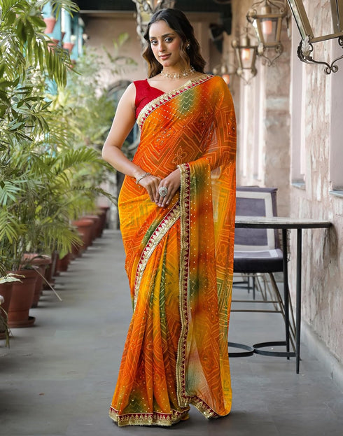 Vasthrlay Bandhani Embroidery Unstitched Yellow Saree