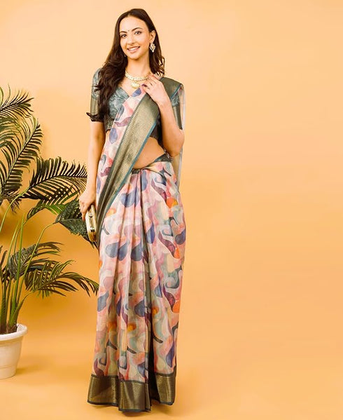 Vasthrlay Multicolour Geometric Print Polyester Saree With Dull Gold Zari Border And Unstitched Blouse Piece