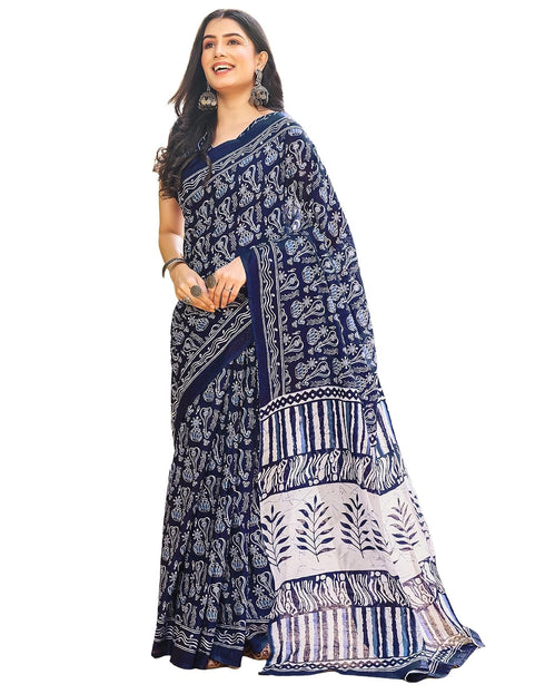 Vasthrlay Chanderi Bandhani Dark Blue Saree With Unstitched Blouse Piece