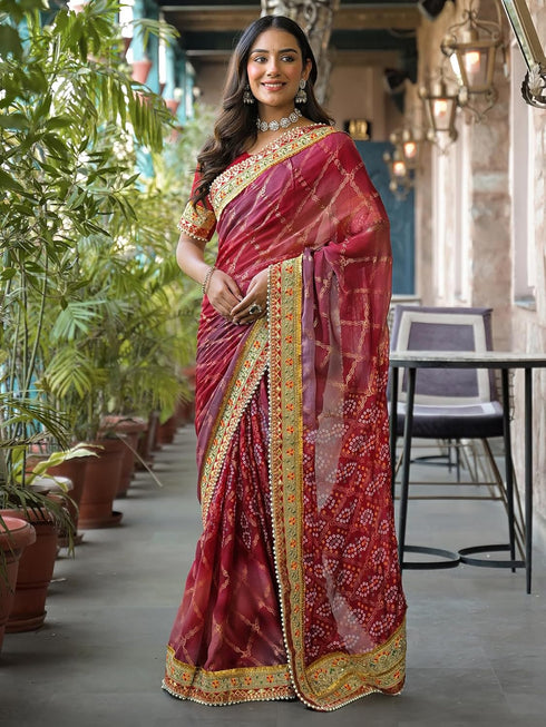 Vasthrlay Bandhani Embroidery Yellow Saree