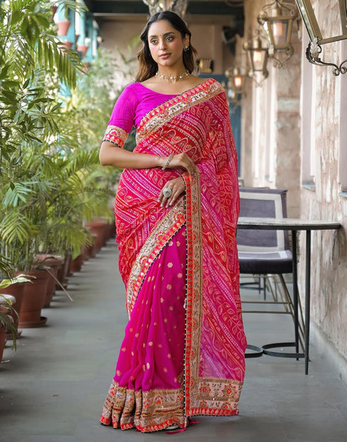 Vasthrlay Bandhani Embroidery Unstitched Pink Saree