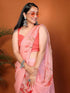Vasthrlay Orange Leaf Print Organza Saree With Mustard Piping And Ruched Sleeveless Unstitched Blouse Piece