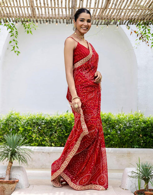 Vasthrlay Bandhani Embroidery Unstitched Red Saree