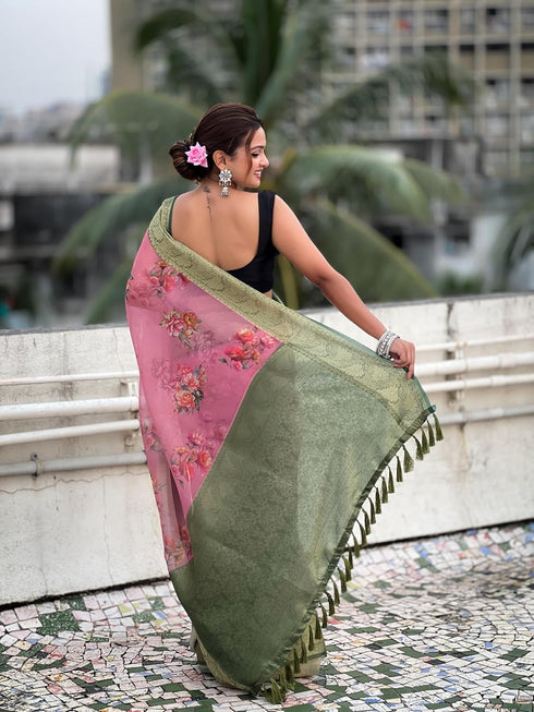 Vasthrlay Kanjivaram Organza Kalamkari Cream Purple Ethnic Wear