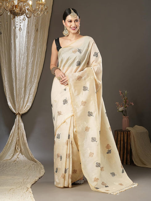 Vasthrlay Embroidered Banarasi Unstitched Cream Ethnic Wear