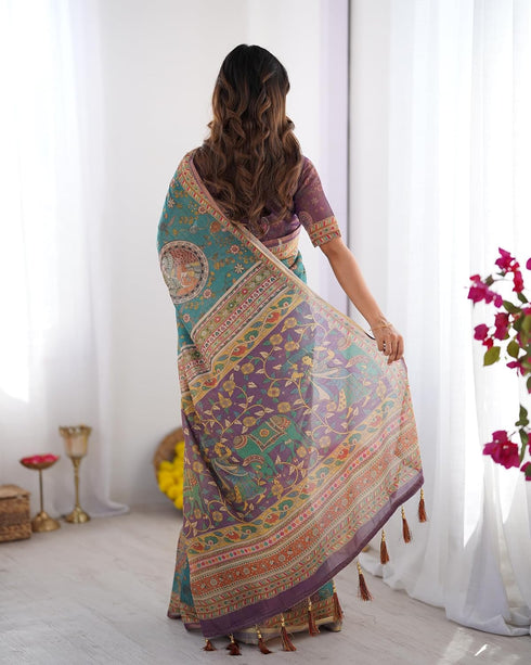 Vasthrlay Beige Blue Traditional Multicolour Saree