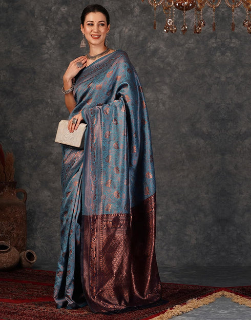 Vasthrlay Banarasi Kanjeevaram Blue Saree With Unstitched Blouse Piece